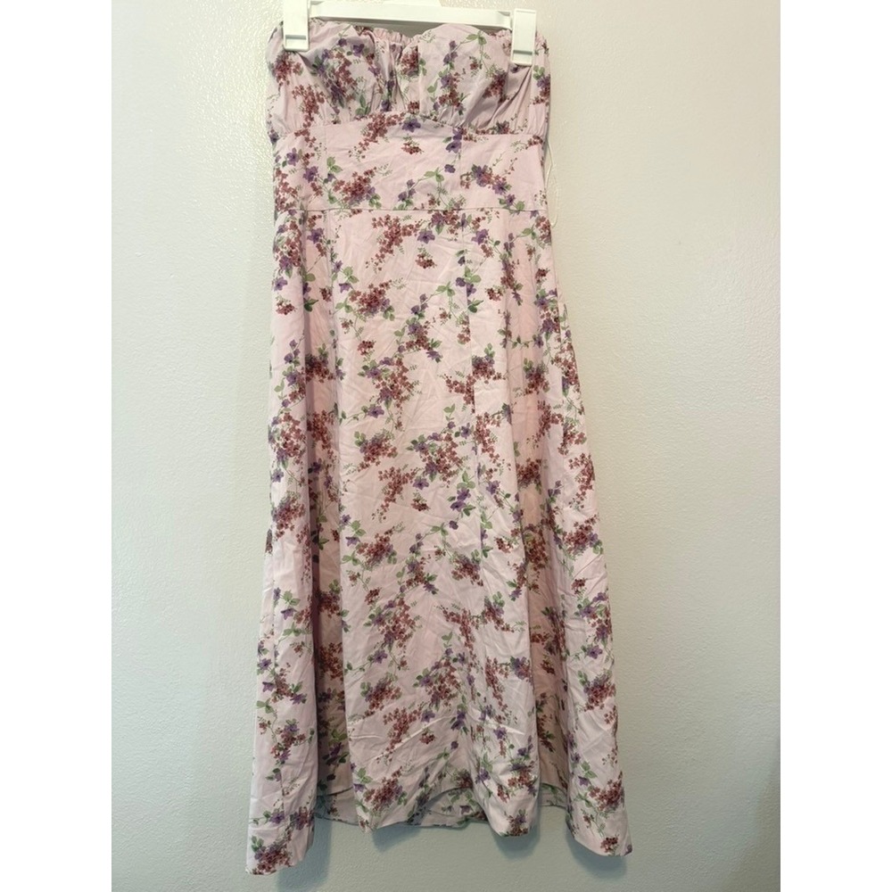 Wild Fable Pink Floral Strapless Midi Dress Smocked Back Sweetheart Neck Size M